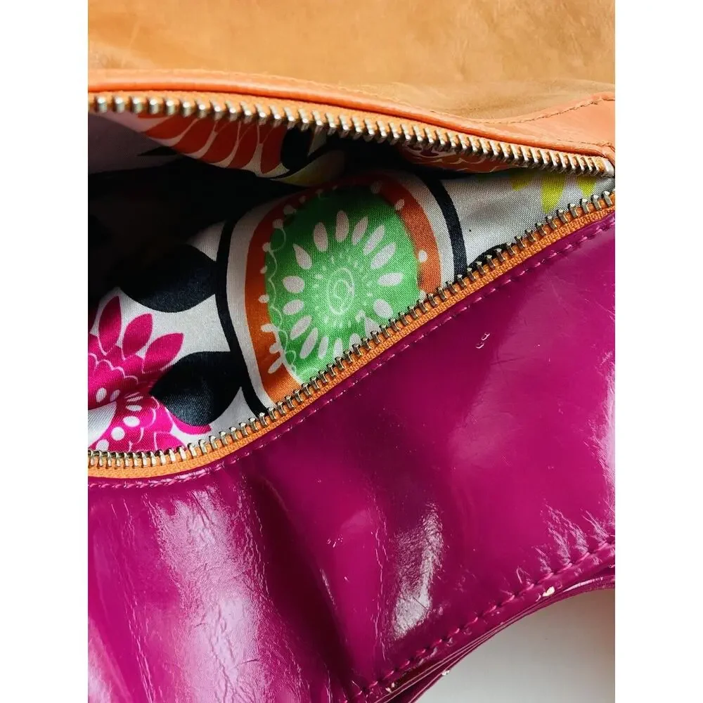 Kate Landry Large Shoulder Bag Purse Orange Pink Floral Lining Beautiful Hobo Br
